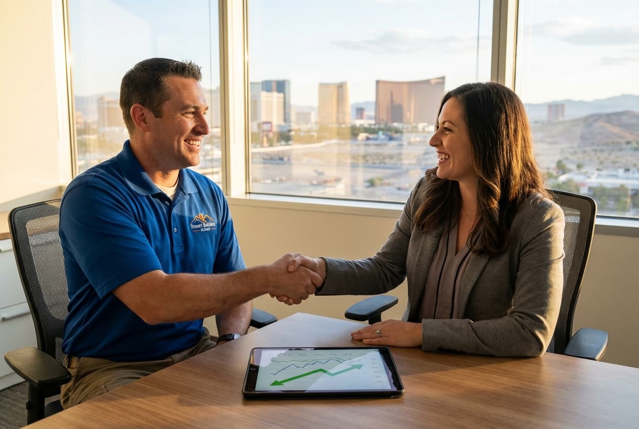 Local business owner and VegasOps marketing partner reviewing SEO growth data in Las Vegas office